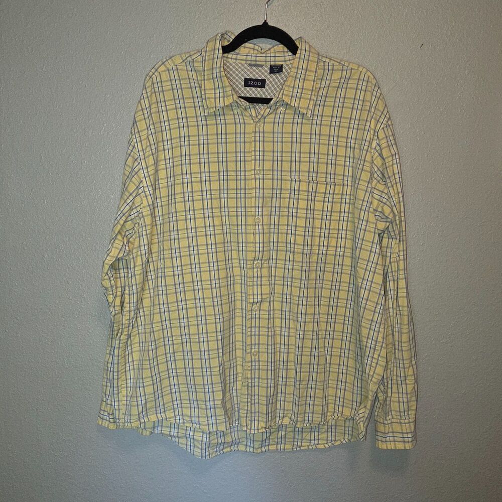 IZOD Yellow Plaid Long Sleeve Button Down Shirt Extra Large XL - 100% Cotton